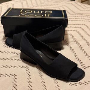 Laura Scott Black Open-Toe Low Wedge Heels